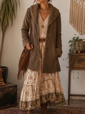 Vintage Eddie‎ Bauer Sherpa Lined Faux Suede Penny Lane Coat Brown Sz M Retro
